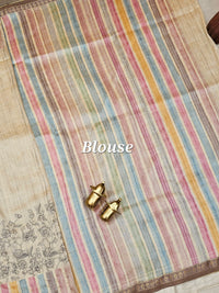 Soft Semi Tussar Multi Colour Stripes with Kantha Work - Cream with Multi Shade