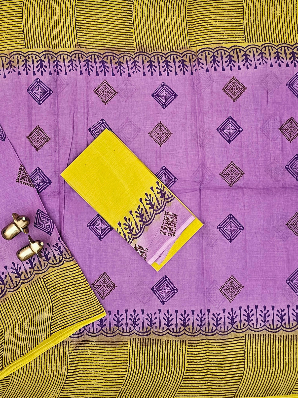 Pure Cotton with Hand Block Prints - Purple with Yellow