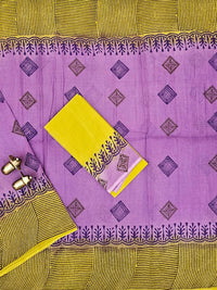Pure Cotton with Hand Block Prints - Purple with Yellow