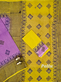 Pure Cotton with Hand Block Prints - Purple with Yellow