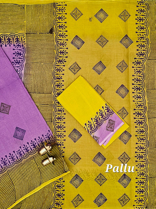Pure Cotton with Hand Block Prints - Purple with Yellow