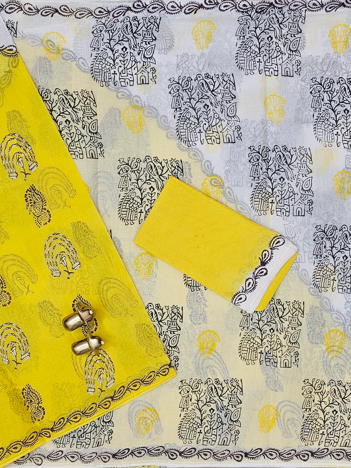 Pure Cotton with Hand Block Prints - White with Yellow