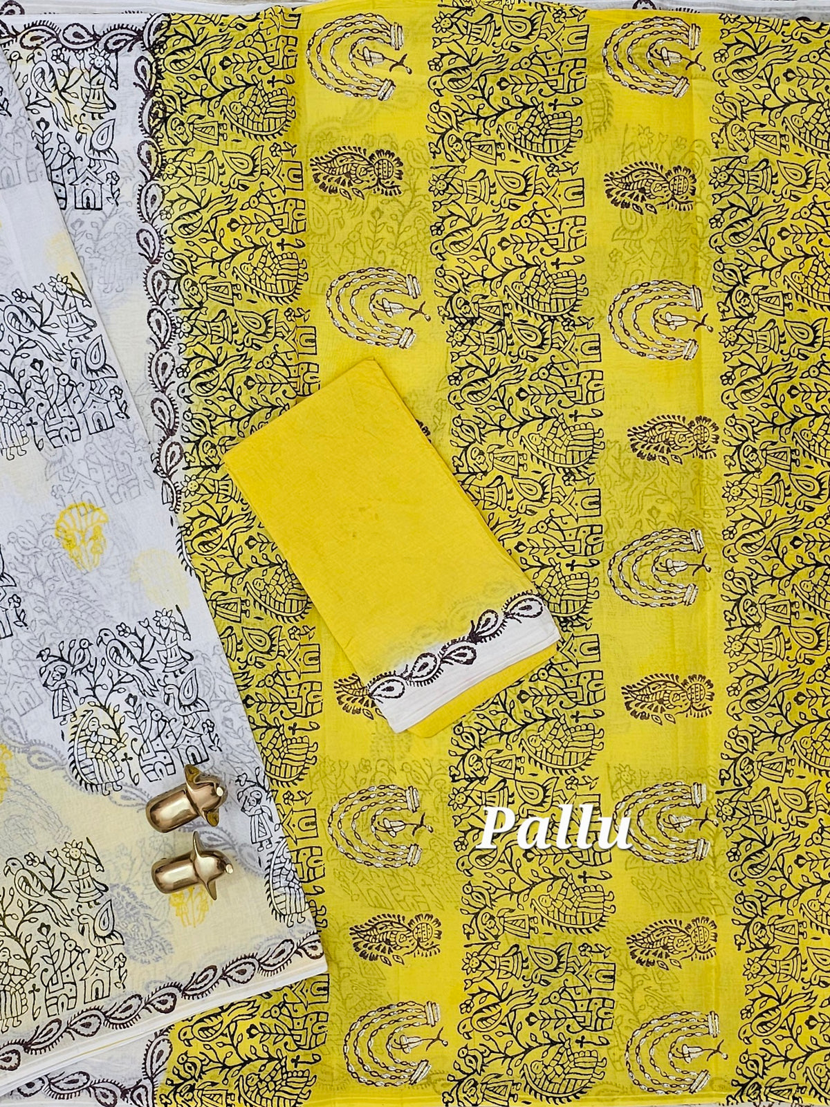 Pure Cotton with Hand Block Prints - White with Yellow