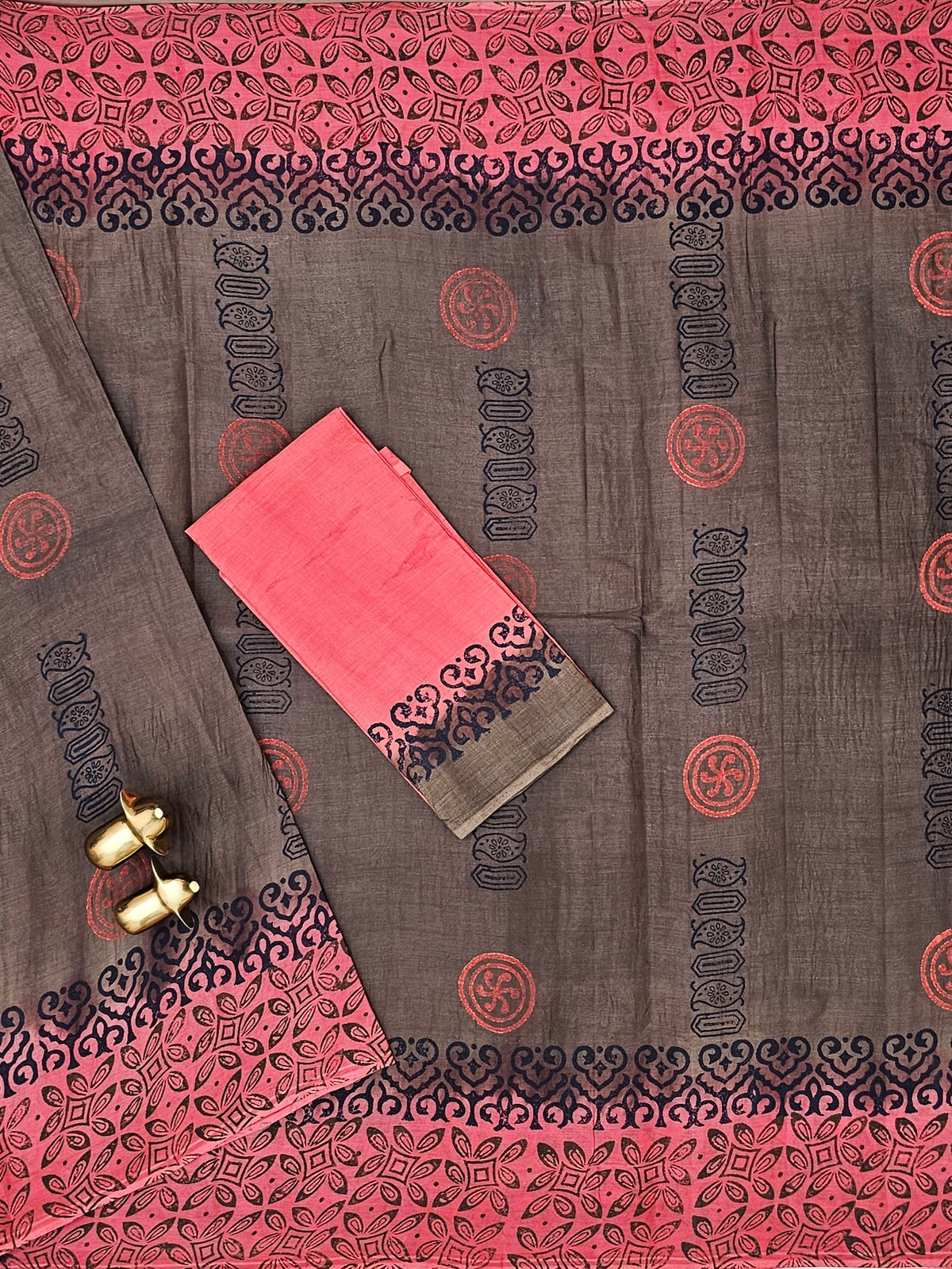 Pure Cotton with Hand Block Prints -  Dark Beige with Dark Peach