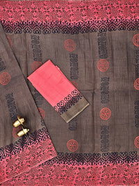 Pure Cotton with Hand Block Prints -  Dark Beige with Dark Peach