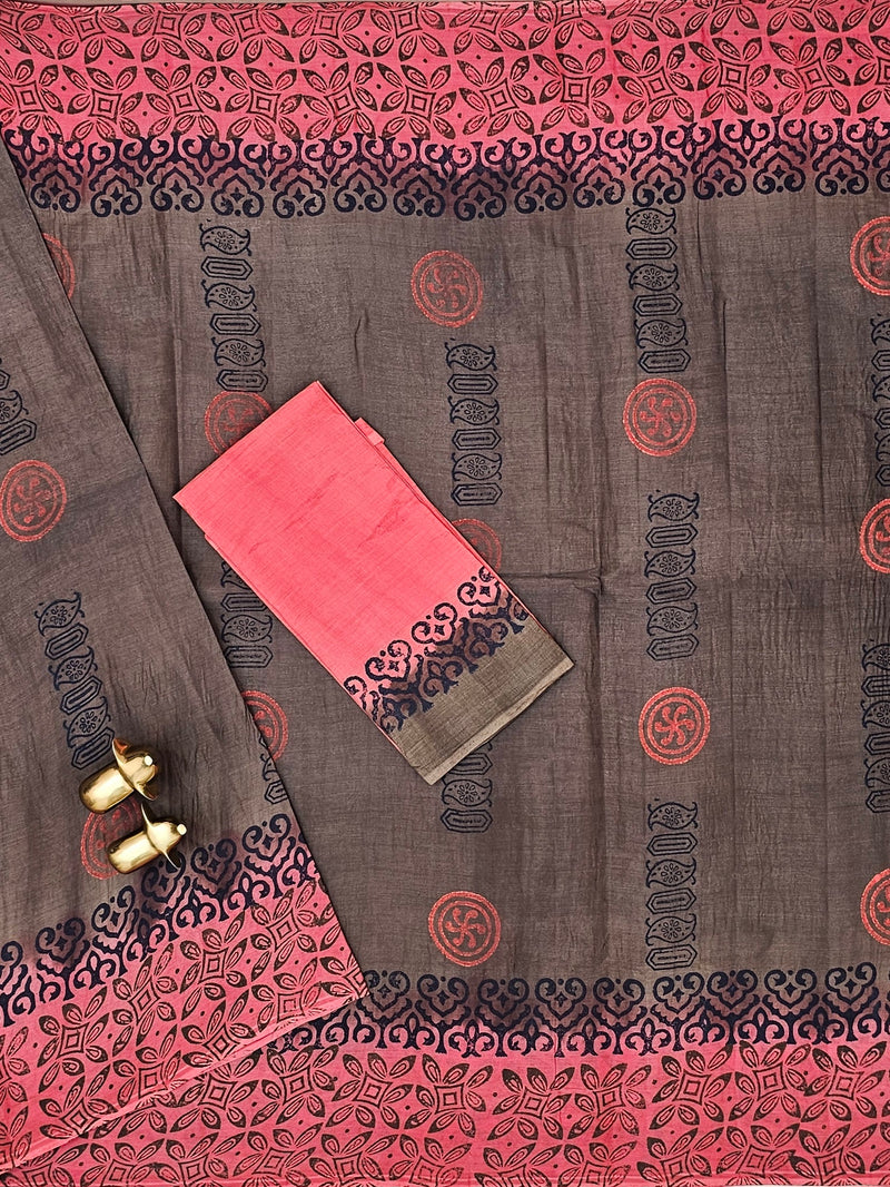 Pure Cotton with Hand Block Prints -  Dark Beige with Dark Peach