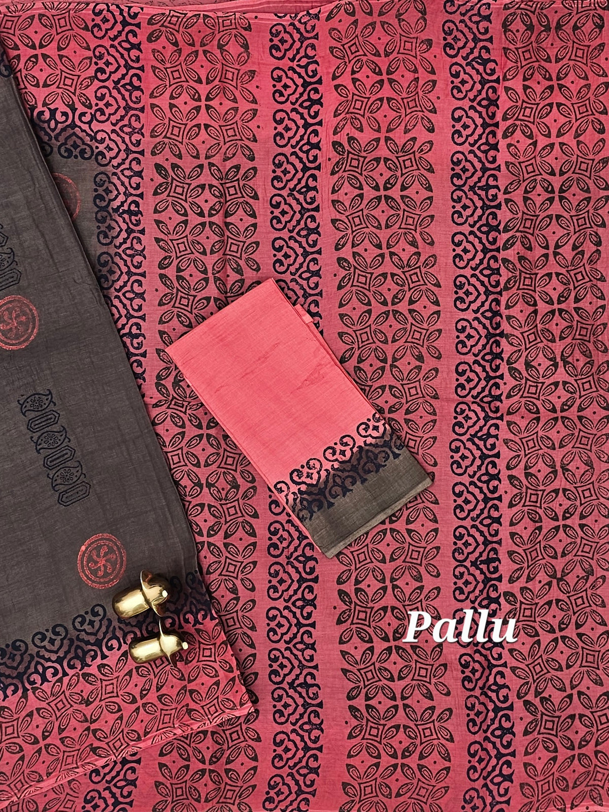 Pure Cotton with Hand Block Prints -  Dark Beige with Dark Peach