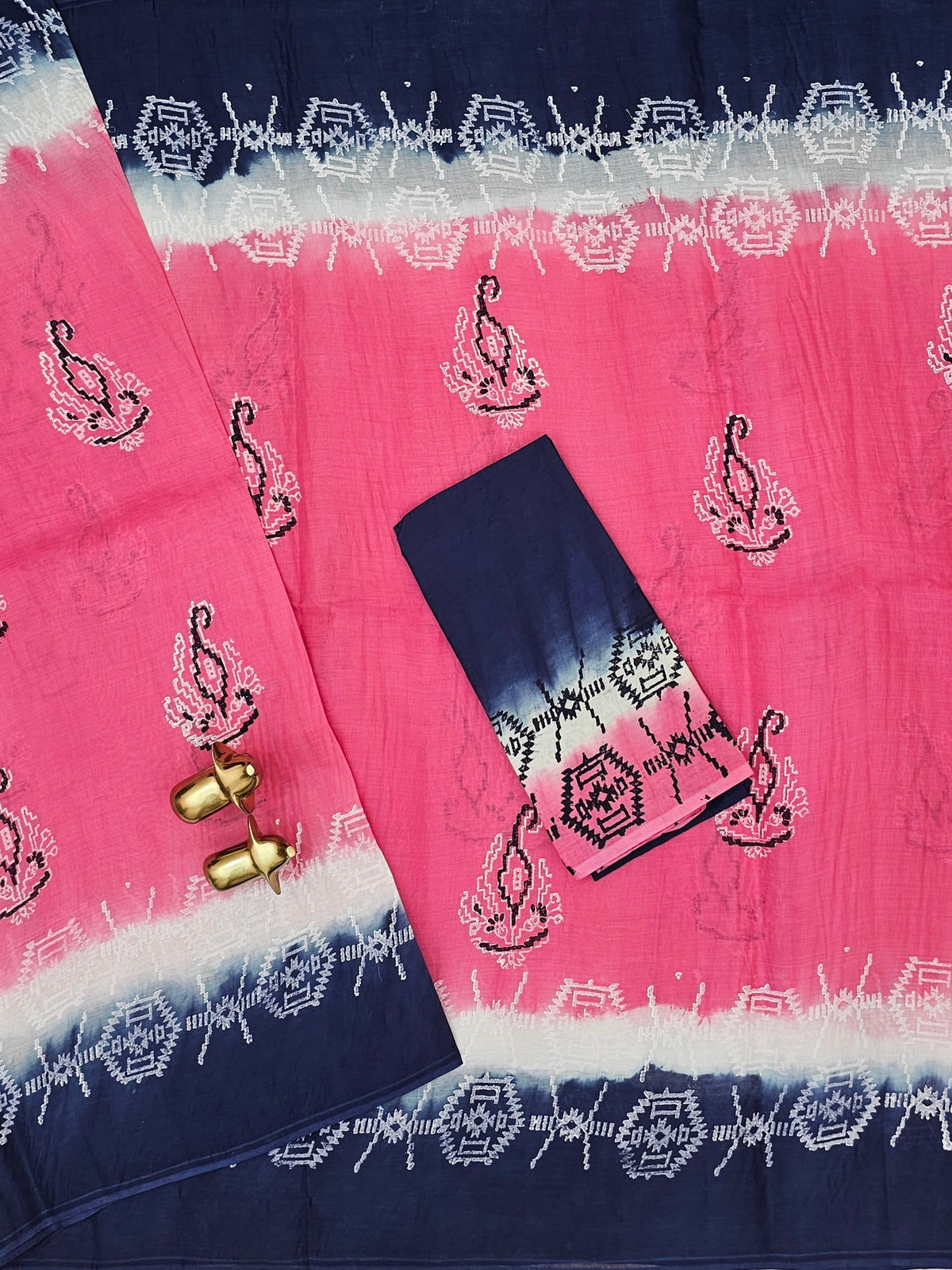 Pure Cotton with Hand Block Prints - Pink with Blue