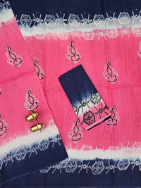 Pure Cotton with Hand Block Prints - Pink with Blue