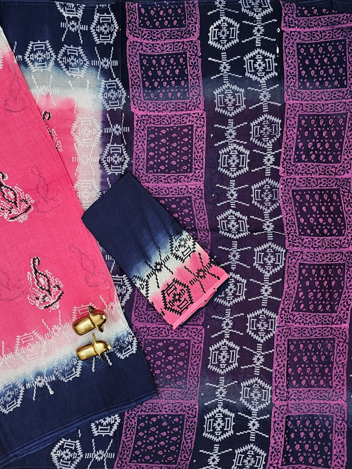 Pure Cotton with Hand Block Prints - Pink with Blue