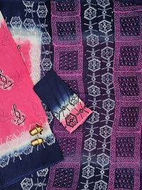 Pure Cotton with Hand Block Prints - Pink with Blue