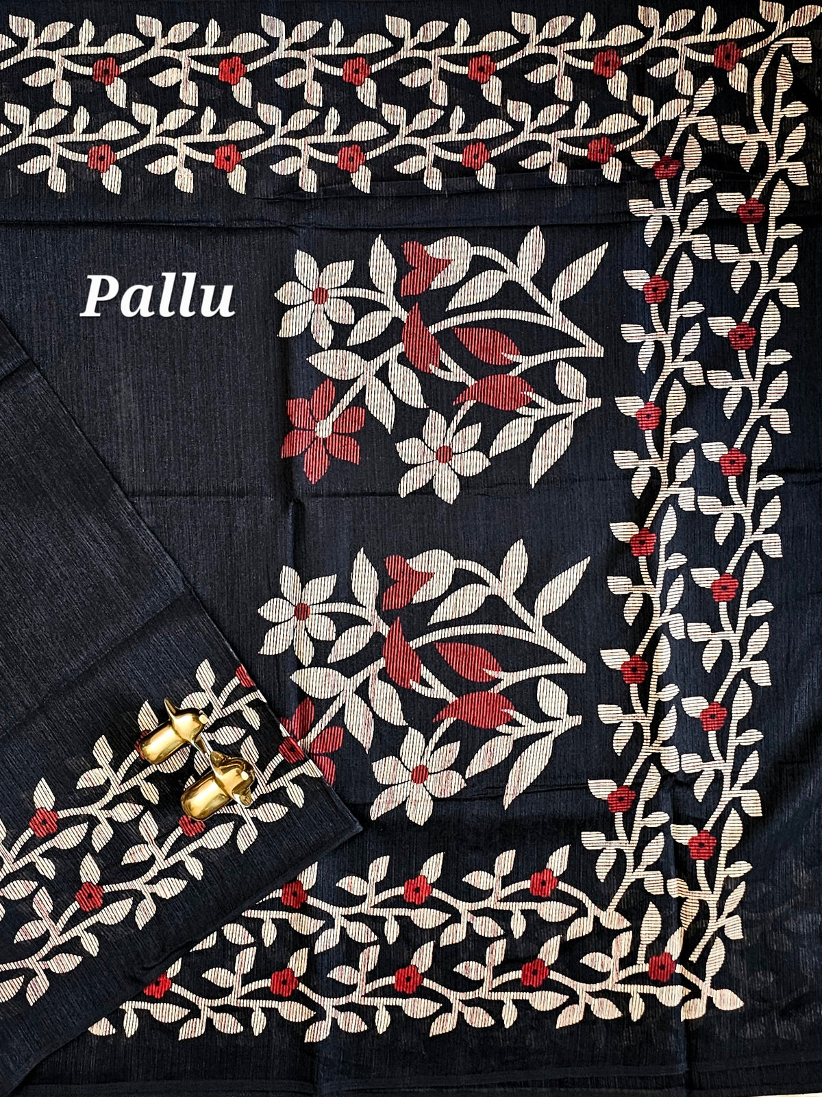 Casual Semi Tussar with Floral Border - Black