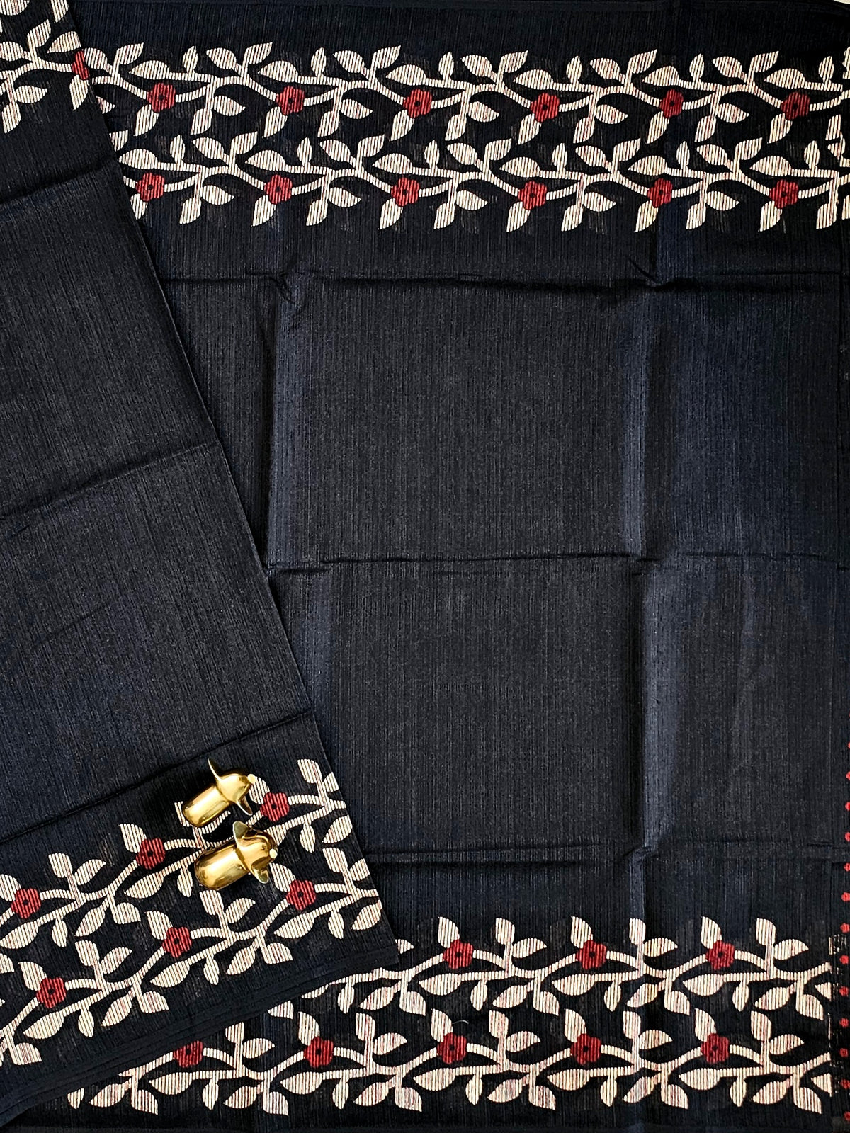 Casual Semi Tussar with Floral Border - Black