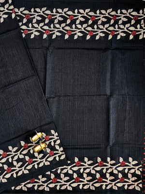 Casual Semi Tussar with Floral Border - Black