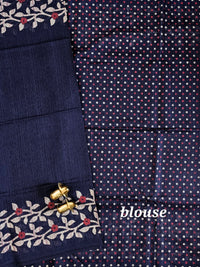 Casual Semi Tussar with Floral Border - Dark Blue