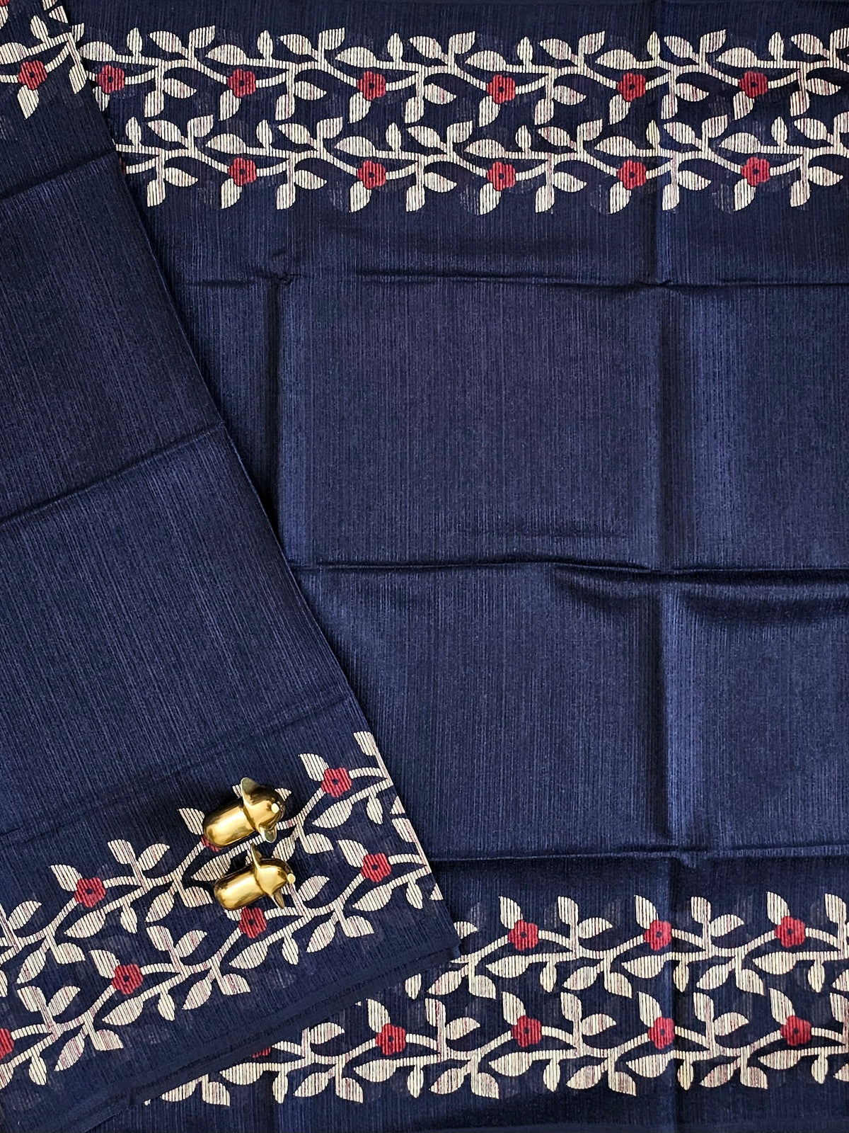 Casual Semi Tussar with Floral Border - Dark Blue