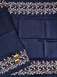 Casual Semi Tussar with Floral Border - Dark Blue