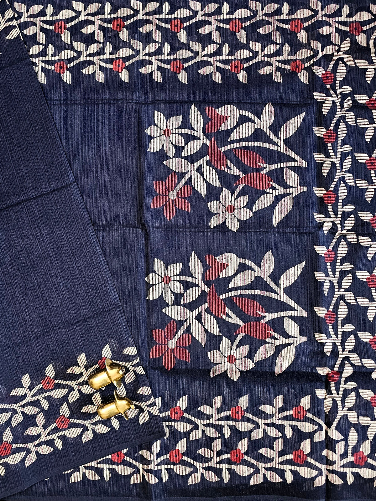 Casual Semi Tussar with Floral Border - Dark Blue