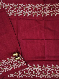 Casual Semi Tussar with Floral Border - Maroon