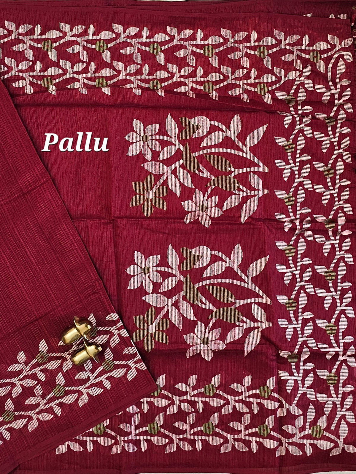 Casual Semi Tussar with Floral Border - Maroon