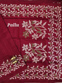 Casual Semi Tussar with Floral Border - Maroon