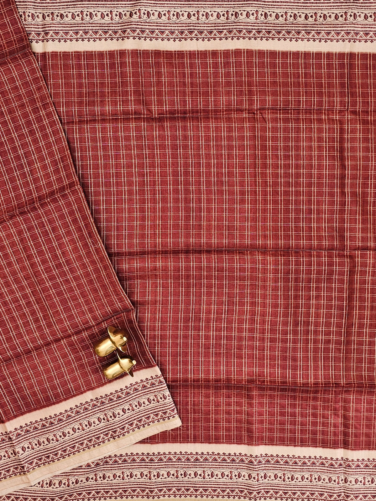 Soft Jute Tussar Checks Weaving with Border - Brown