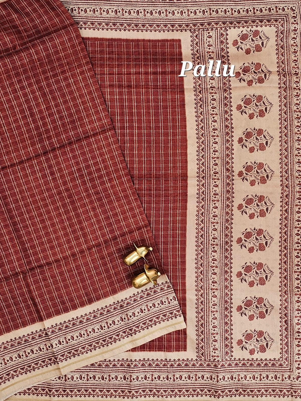 Soft Jute Tussar Checks Weaving with Border - Brown