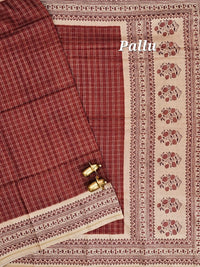 Soft Jute Tussar Checks Weaving with Border - Brown