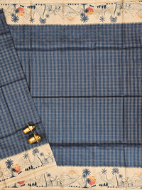 Soft Jute Tussar Checks Weaving with Border - Peacock Blue
