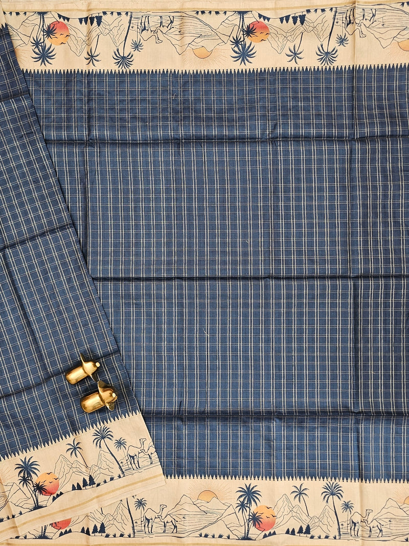 Soft Jute Tussar Checks Weaving with Border - Peacock Blue
