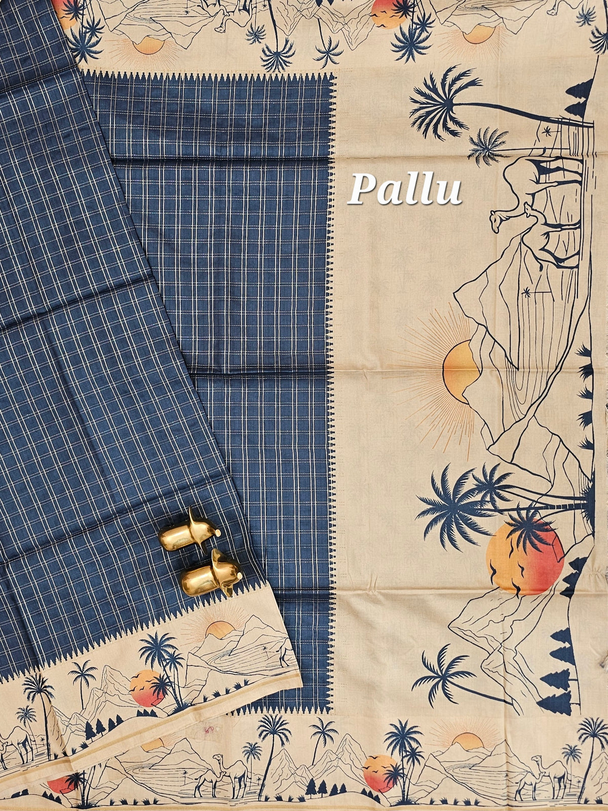 Soft Jute Tussar Checks Weaving with Border - Peacock Blue