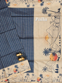 Soft Jute Tussar Checks Weaving with Border - Peacock Blue