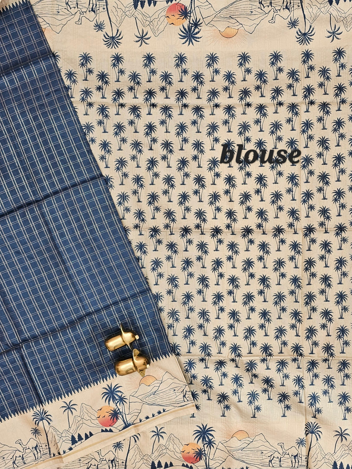 Soft Jute Tussar Checks Weaving with Border - Peacock Blue