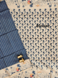 Soft Jute Tussar Checks Weaving with Border - Peacock Blue