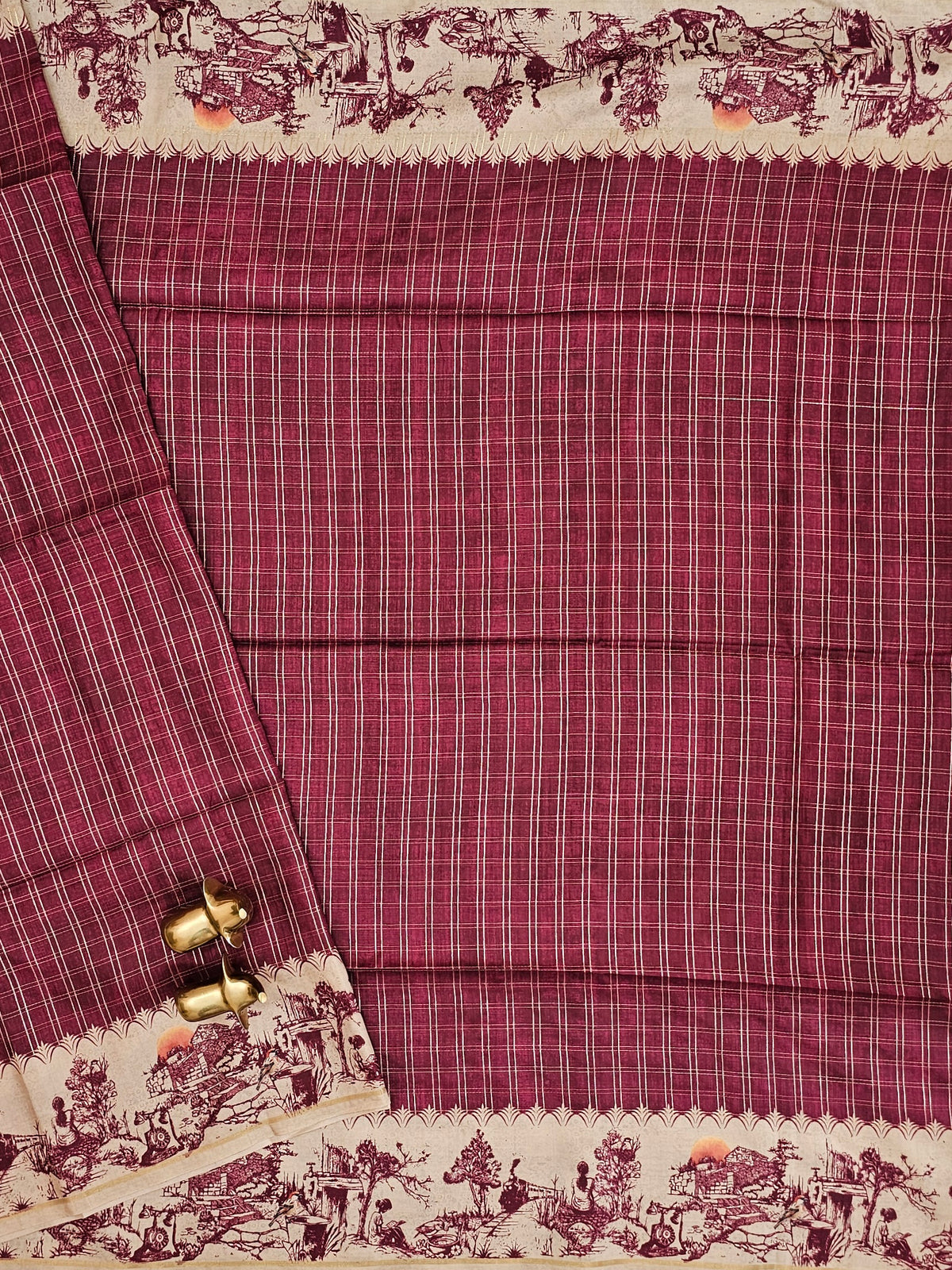 Soft Jute Tussar Checks Weaving with Border - Maroon