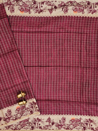 Soft Jute Tussar Checks Weaving with Border - Maroon
