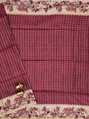 Soft Jute Tussar Checks Weaving with Border - Maroon