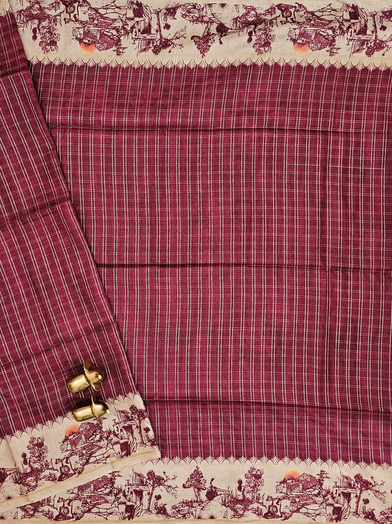 Soft Jute Tussar Checks Weaving with Border - Maroon