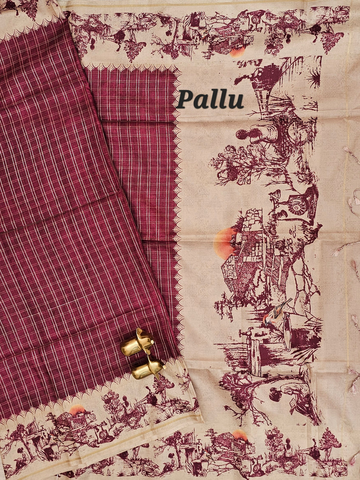 Soft Jute Tussar Checks Weaving with Border - Maroon