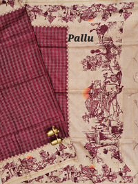 Soft Jute Tussar Checks Weaving with Border - Maroon