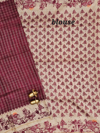Soft Jute Tussar Checks Weaving with Border - Maroon