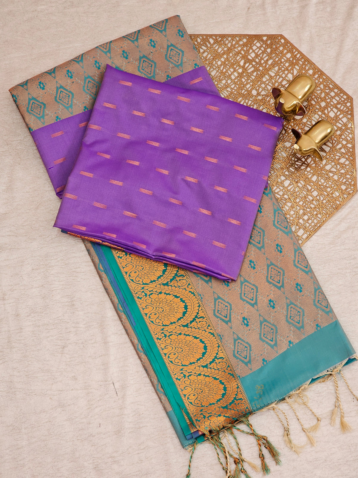 Lavender with Sea Green Copper Zari Woven Semi Soft Silk Saree