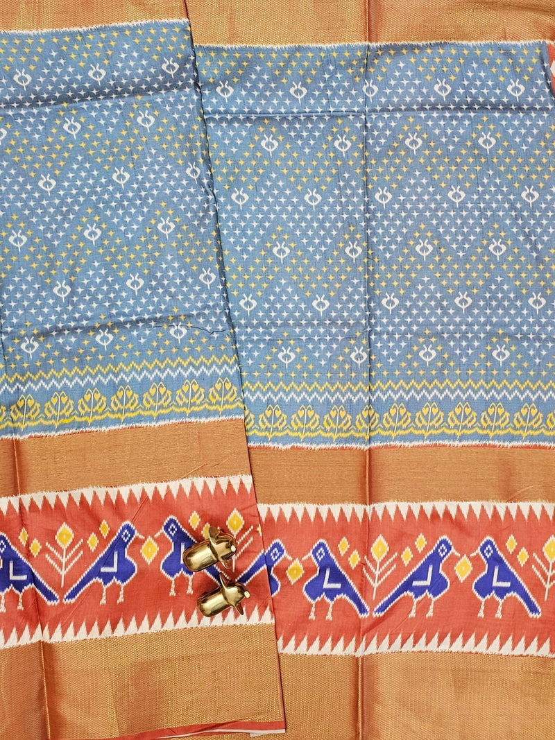 Pochampally Art Silk Saree - Grey with Brown