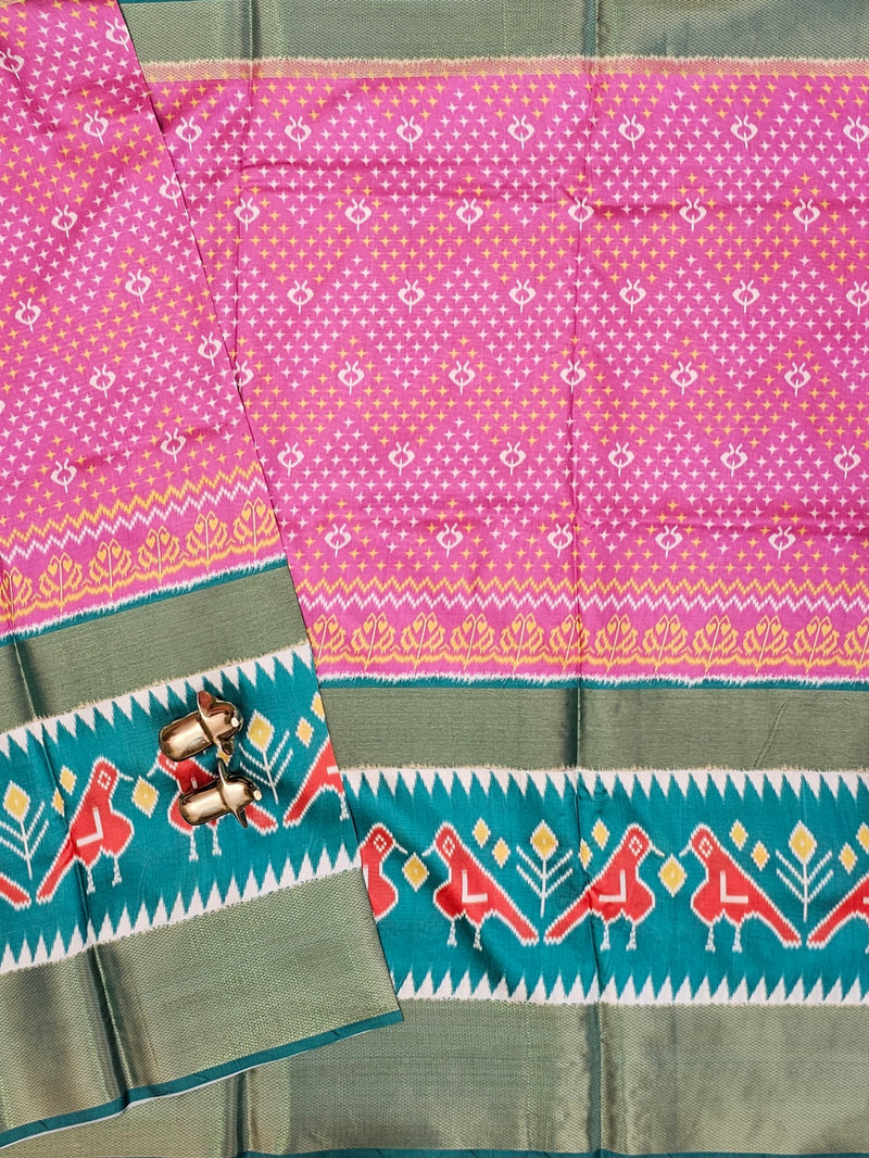Pochampally Art Silk Saree - Pink with Green