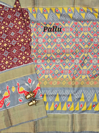 Pochampally Art Silk Saree - Dark Brown with Grey