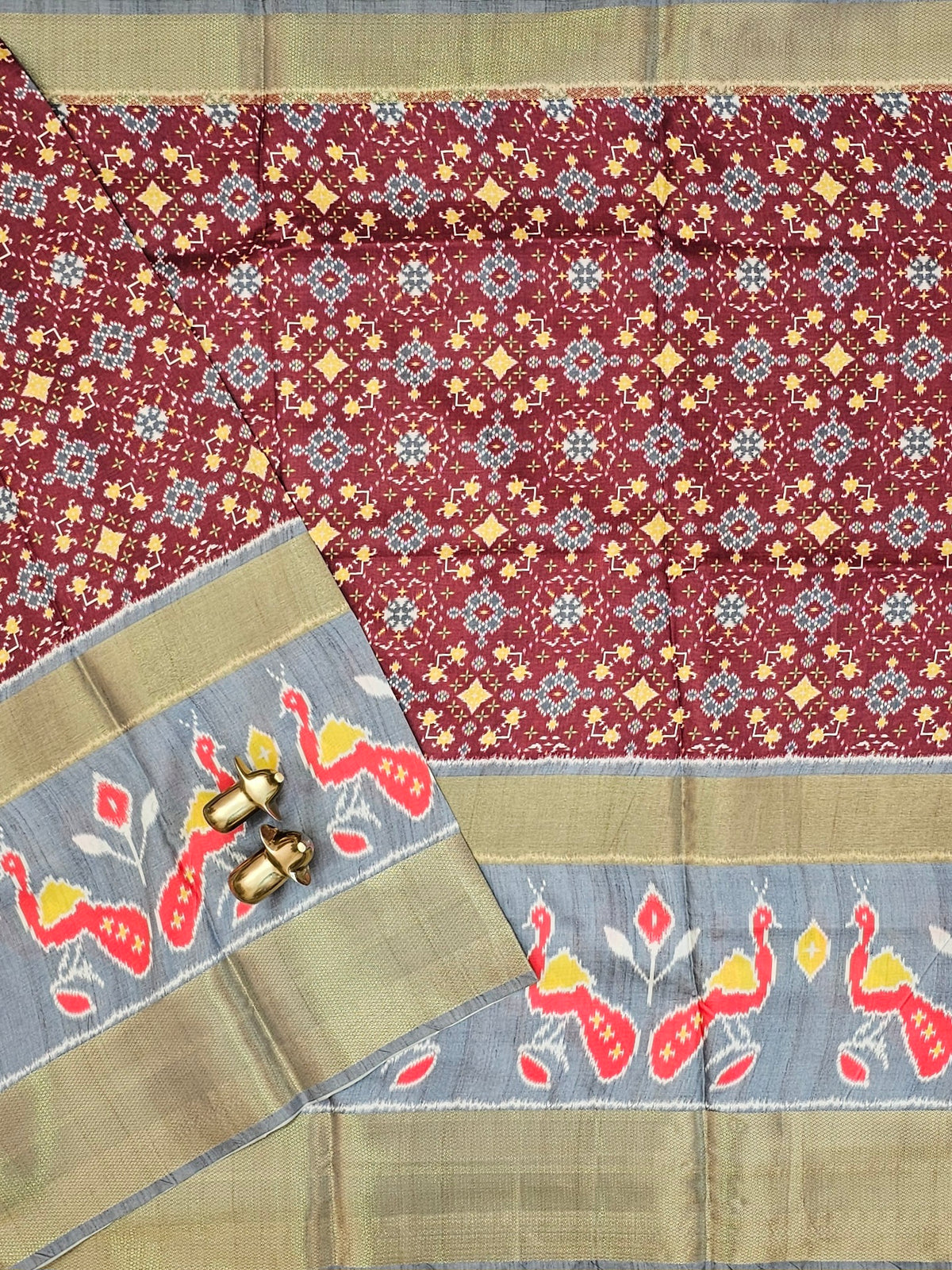 Pochampally Art Silk Saree - Dark Brown with Grey