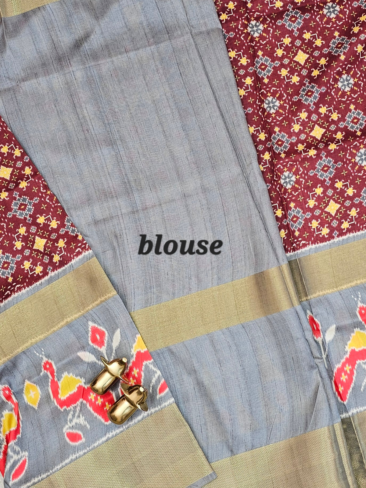 Pochampally Art Silk Saree - Dark Brown with Grey