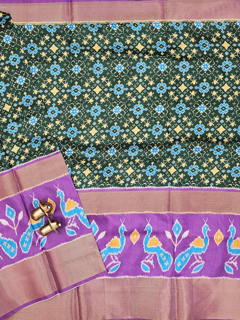 Pochampally Art Silk Saree - Green with Lavender