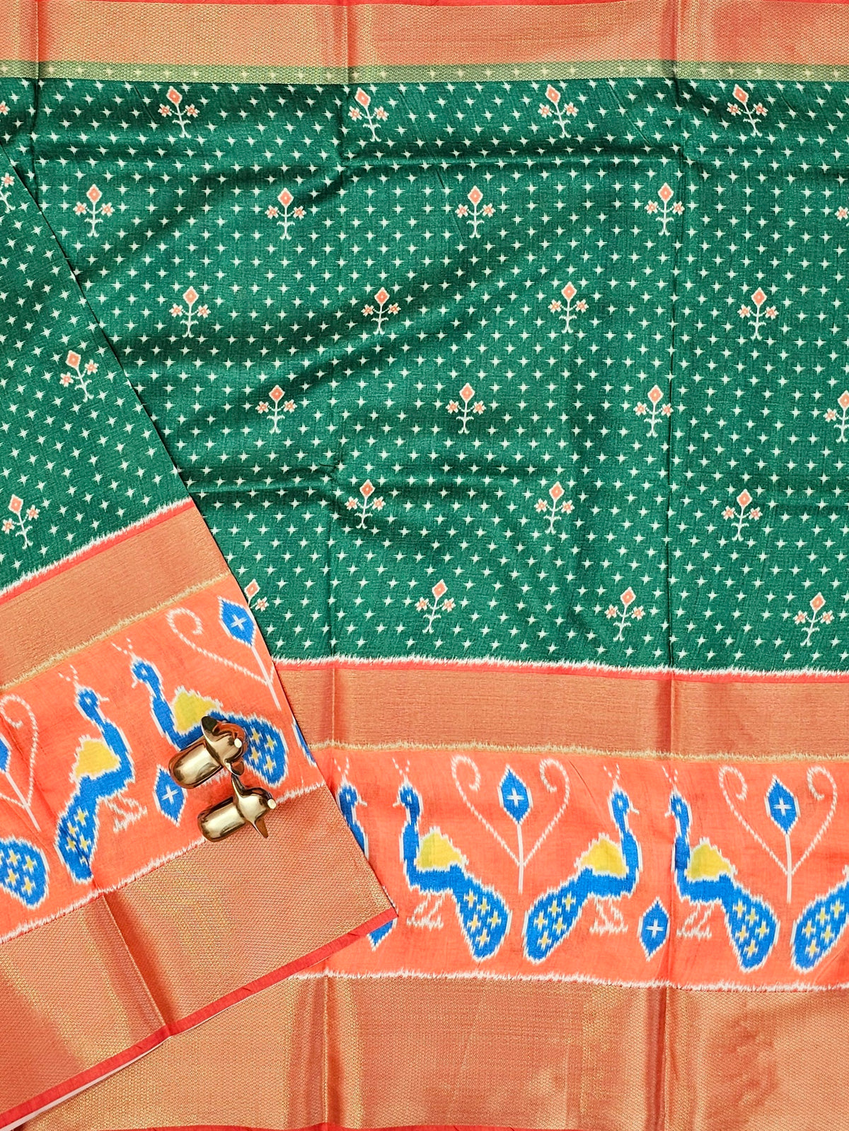 Pochampally Art Silk Saree - Green with Orange