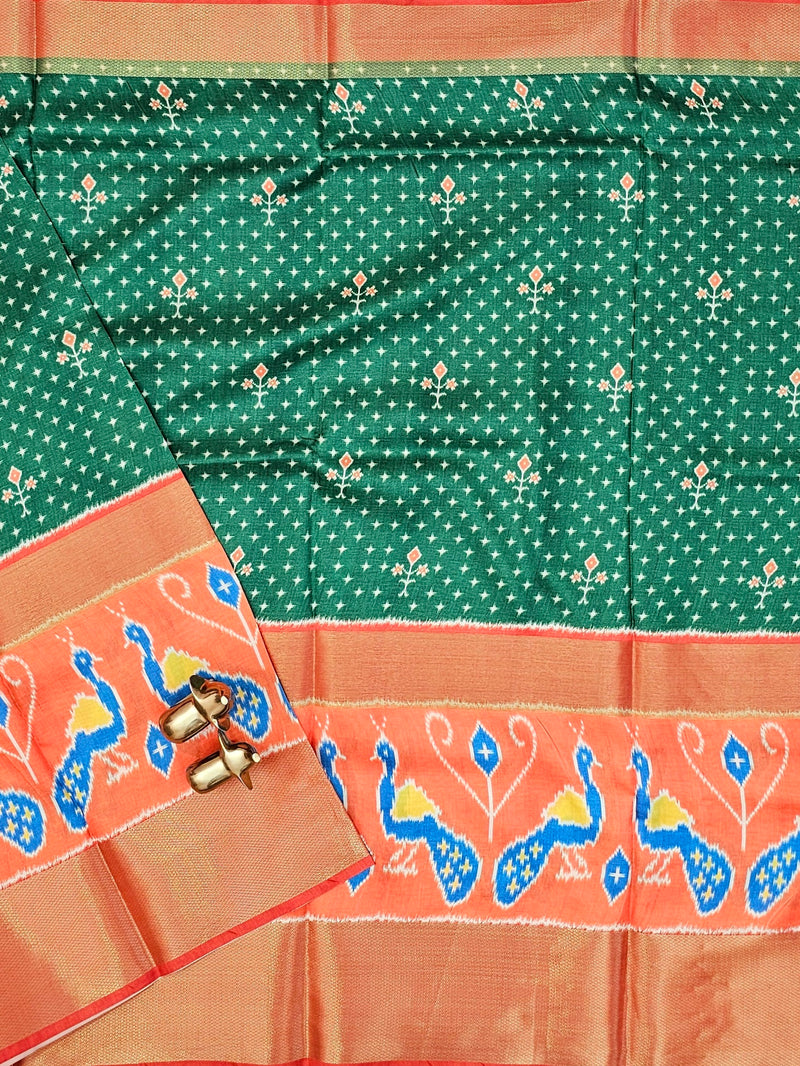 Pochampally Art Silk Saree - Green with Orange